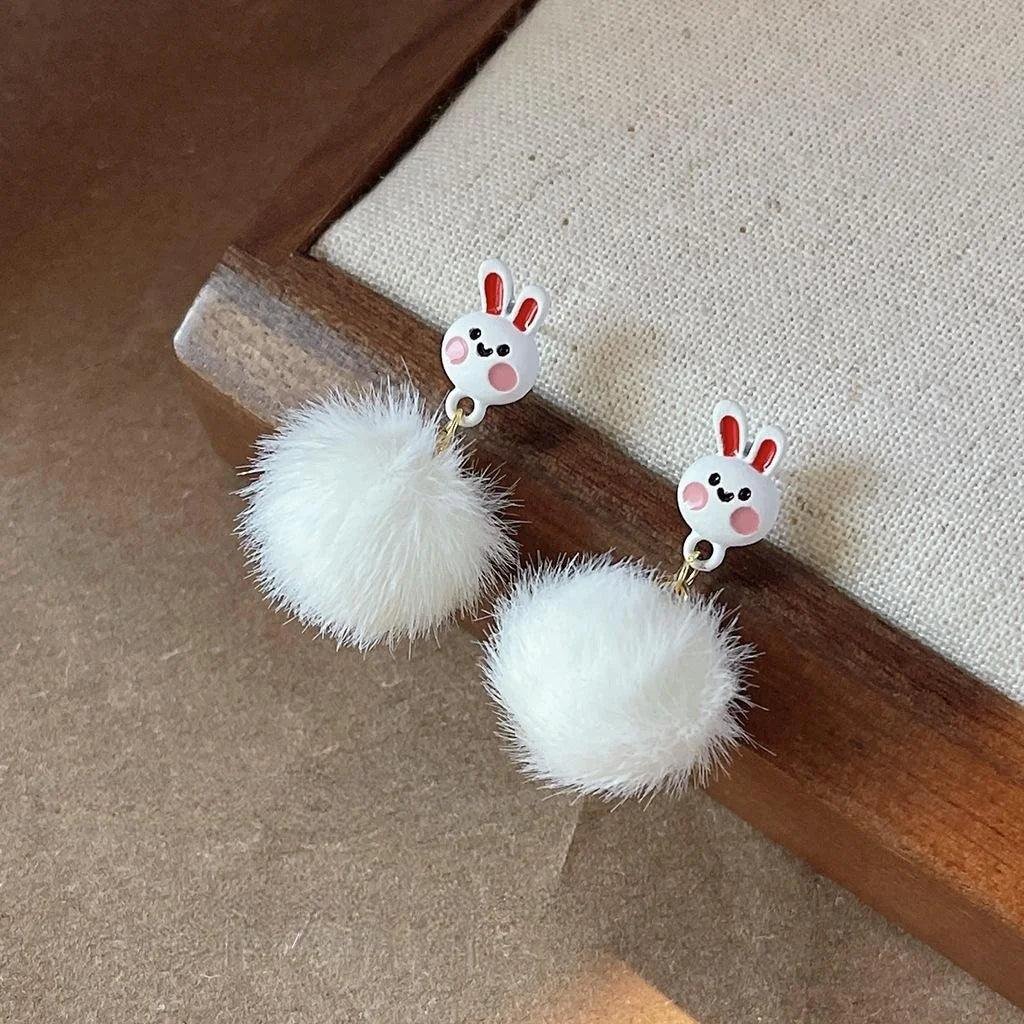 Cute Plush Bunny Stud Earrings Silver Plated Pin Fluffy Pom Pom Winter Animal Jewelry