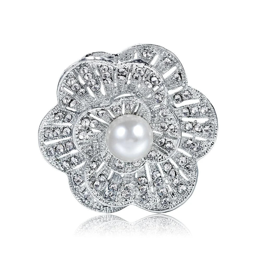 Elegant Rhinestone Pearl Flower Brooch, Alloy Crystal Lapel Pin Corsage For Women Suit Accessory Gift