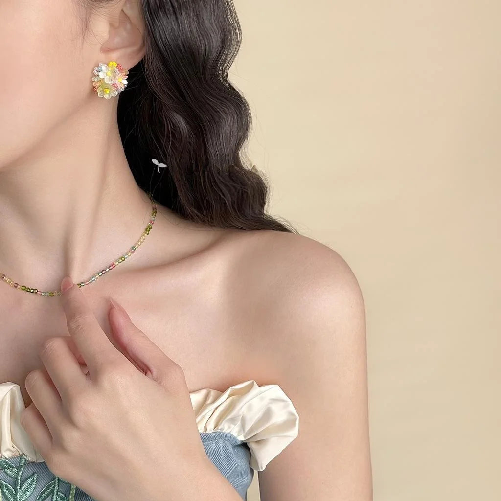 Romantic Colorful Resin Beaded Hydrangea Flower Stud Earrings Sweet Cute Dopamine Style