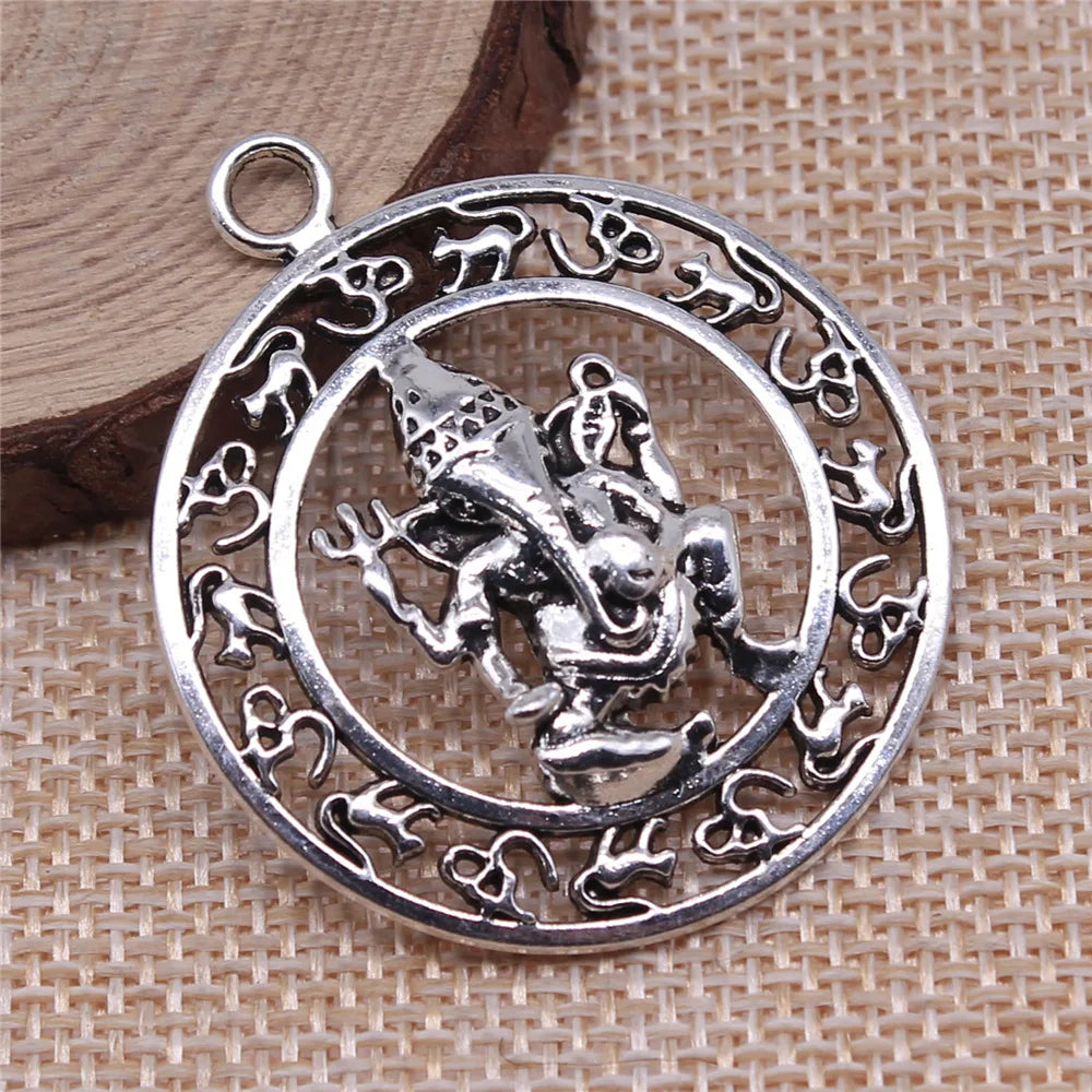 38x38mm 7.1g Antique Silver Zinc Alloy Indian Elephant OM Charm Pendant for Boho DIY Jewelry Making