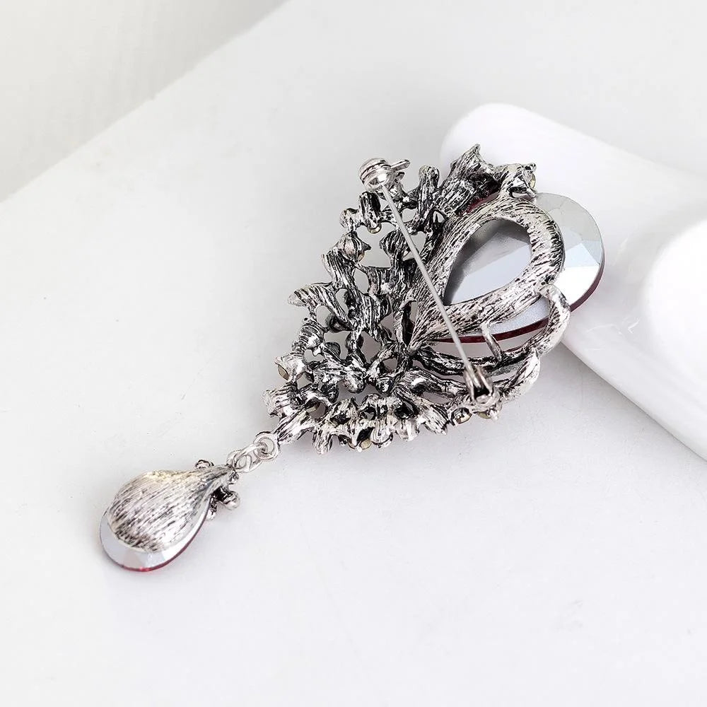 Elegant Blue Teardrop Rhinestone Peacock Flower Alloy Brooch Pin With Glass Drop, Women's Lapel Corsage Gift