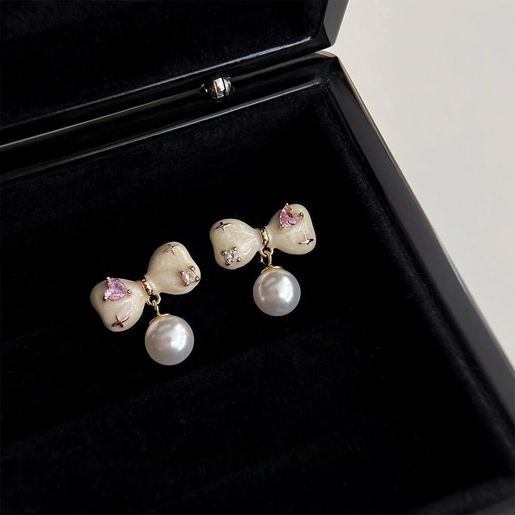 14K Gold Plated Copper Bow Stud Earrings With Micro Pave Zircon Handmade Enamel Korean Sweet Style