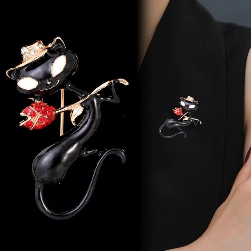 Cute Black Cat Holding Red Rose Alloy Enamel Rhinestone Brooch, Elegant Animal Lapel Pin Gift