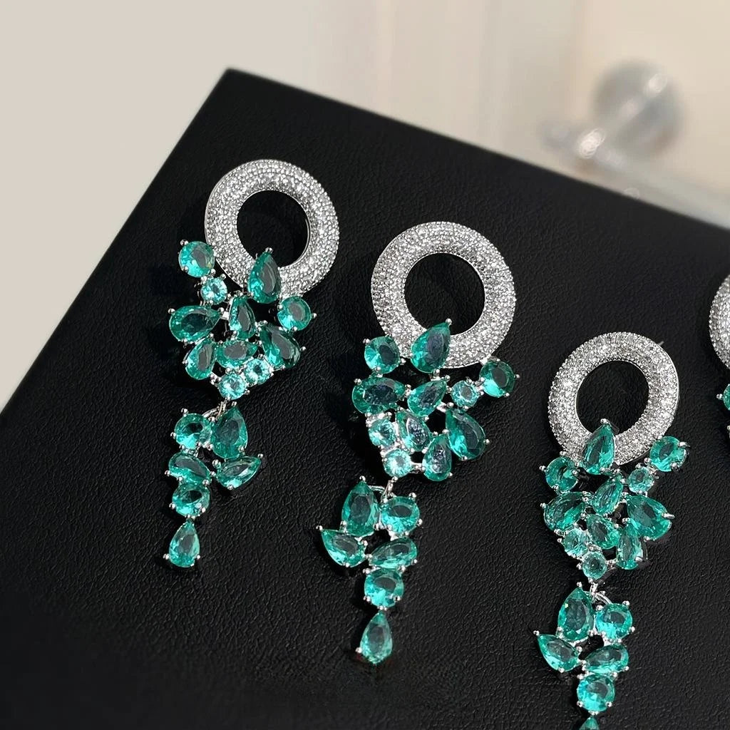 Blue Green Grape Zircon Copper Tassel Drop Earrings With Silver Plated Pins