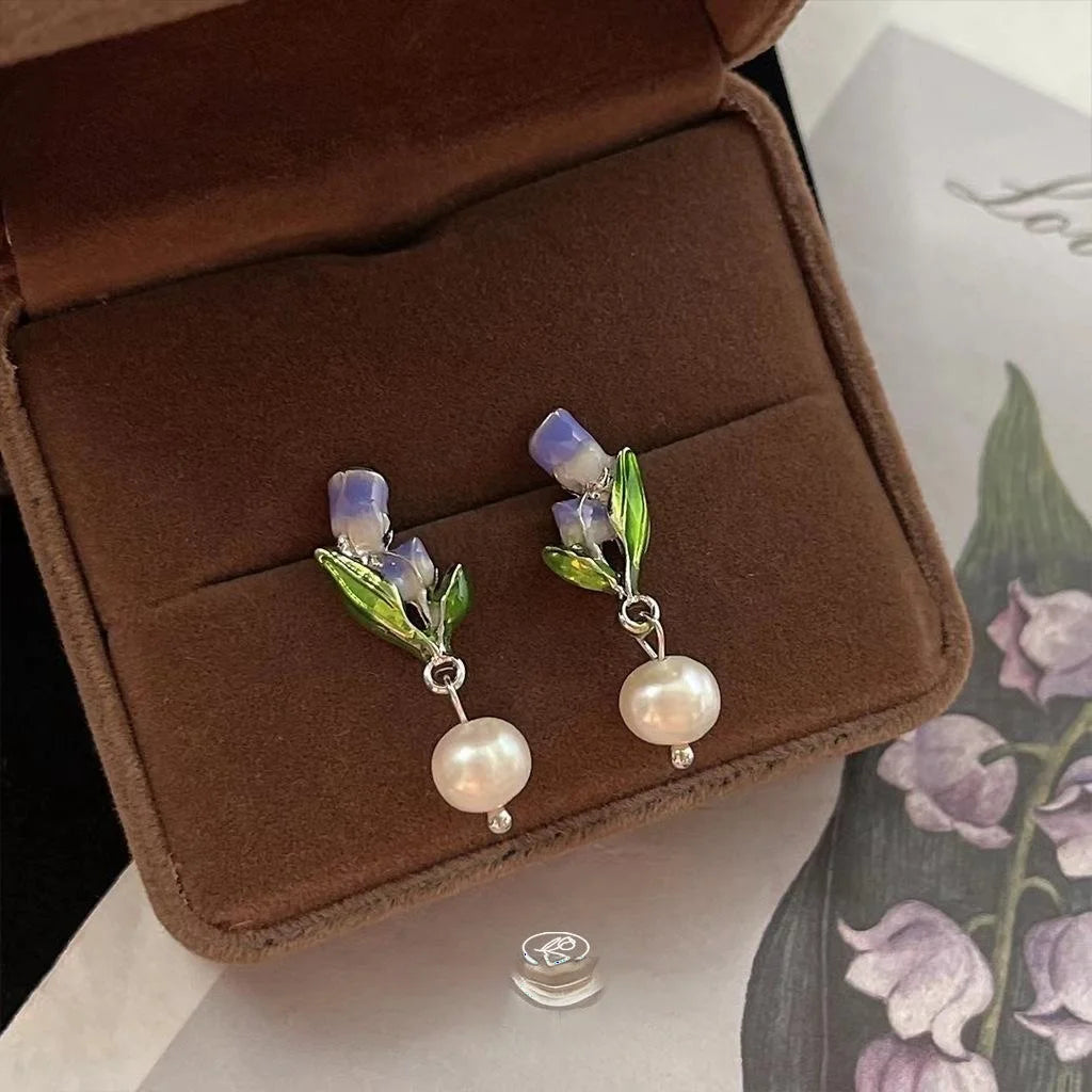 Forest Style Handmade Tulip Flower Stud Earrings With Freshwater Pearls Purple Enamel Silver Plated Copper