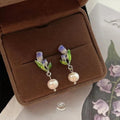Forest Style Handmade Tulip Flower Stud Earrings With Freshwater Pearls Purple Enamel Silver Plated Copper