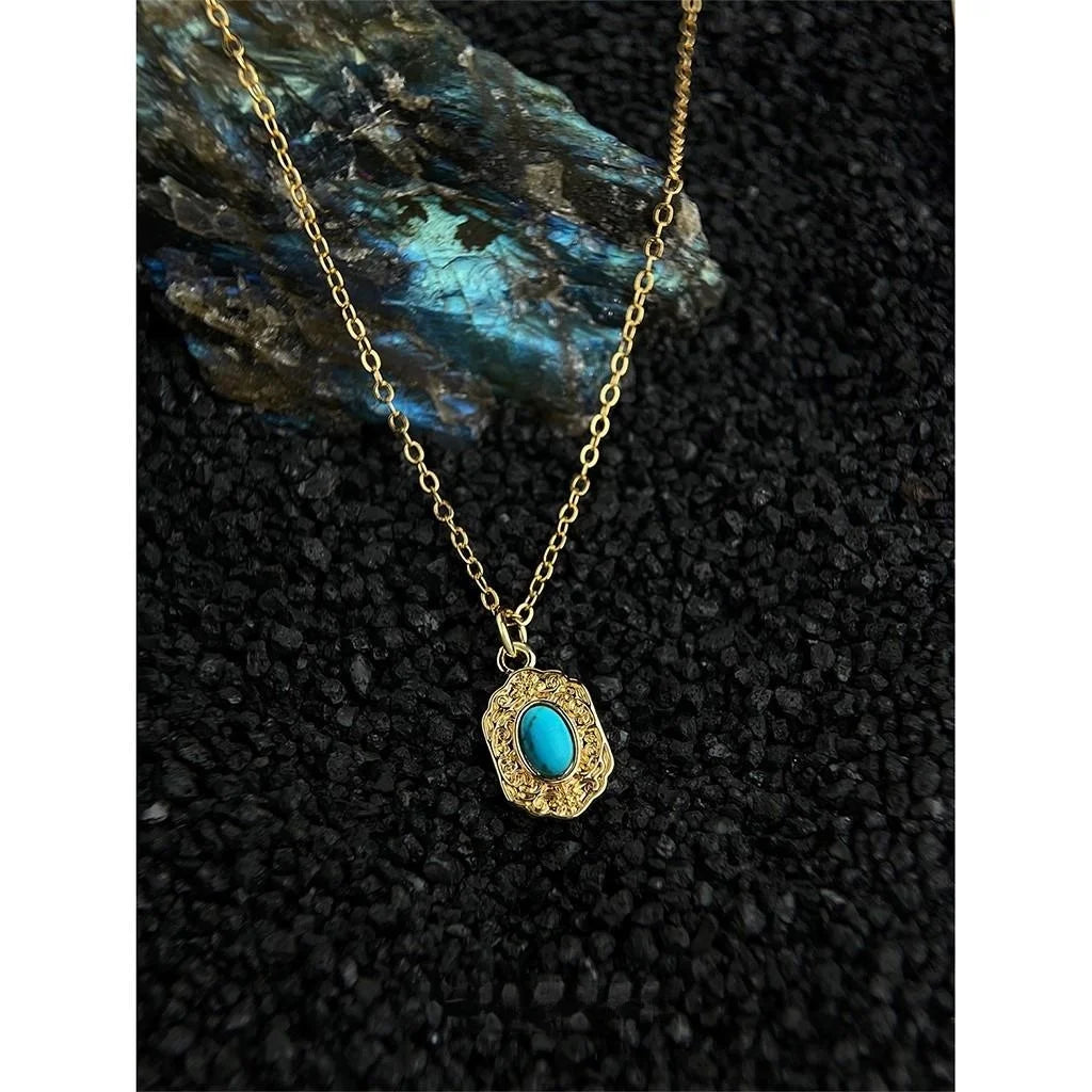 18K Gold Plated Copper Synthetic Turquoise Geometric Vintage Minimalist Collarbone Necklace