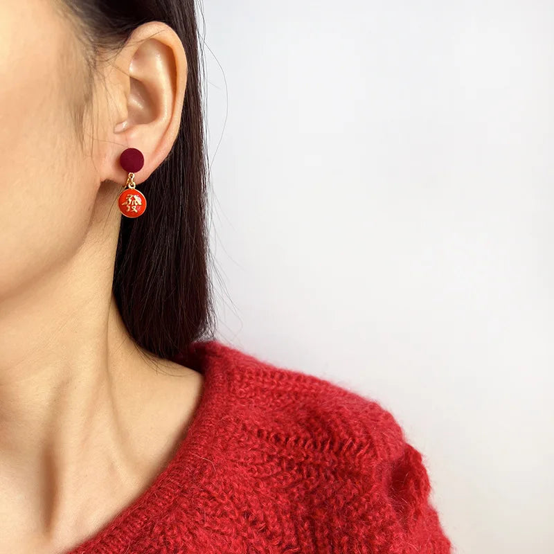Elegant Chinese New Year Red Velvet Ball Fortune Cat Enamel Alloy Stud & Clip On No Piercing Dangle Earrings