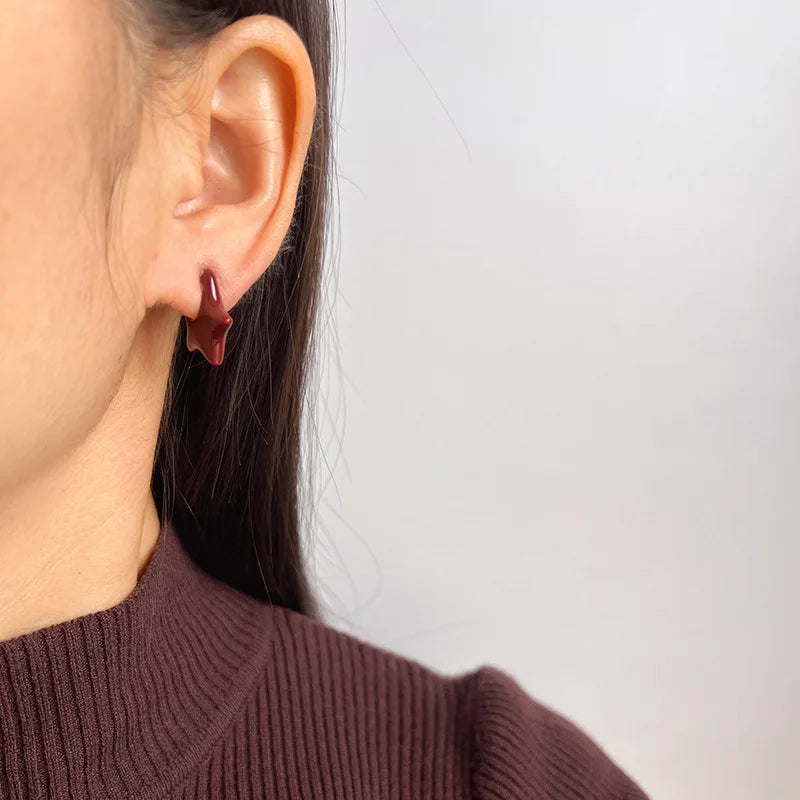 Vintage Red Enamel Five-Point Star Alloy Stud & Clip On No Piercing Gold Hoop Statement Earrings