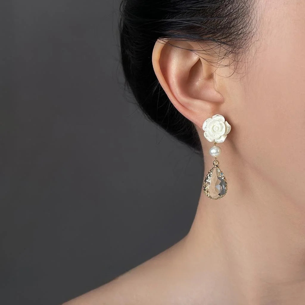 Light Luxury Transparent Resin Rose Flower Glass Crystal Water Drop Earrings for Women