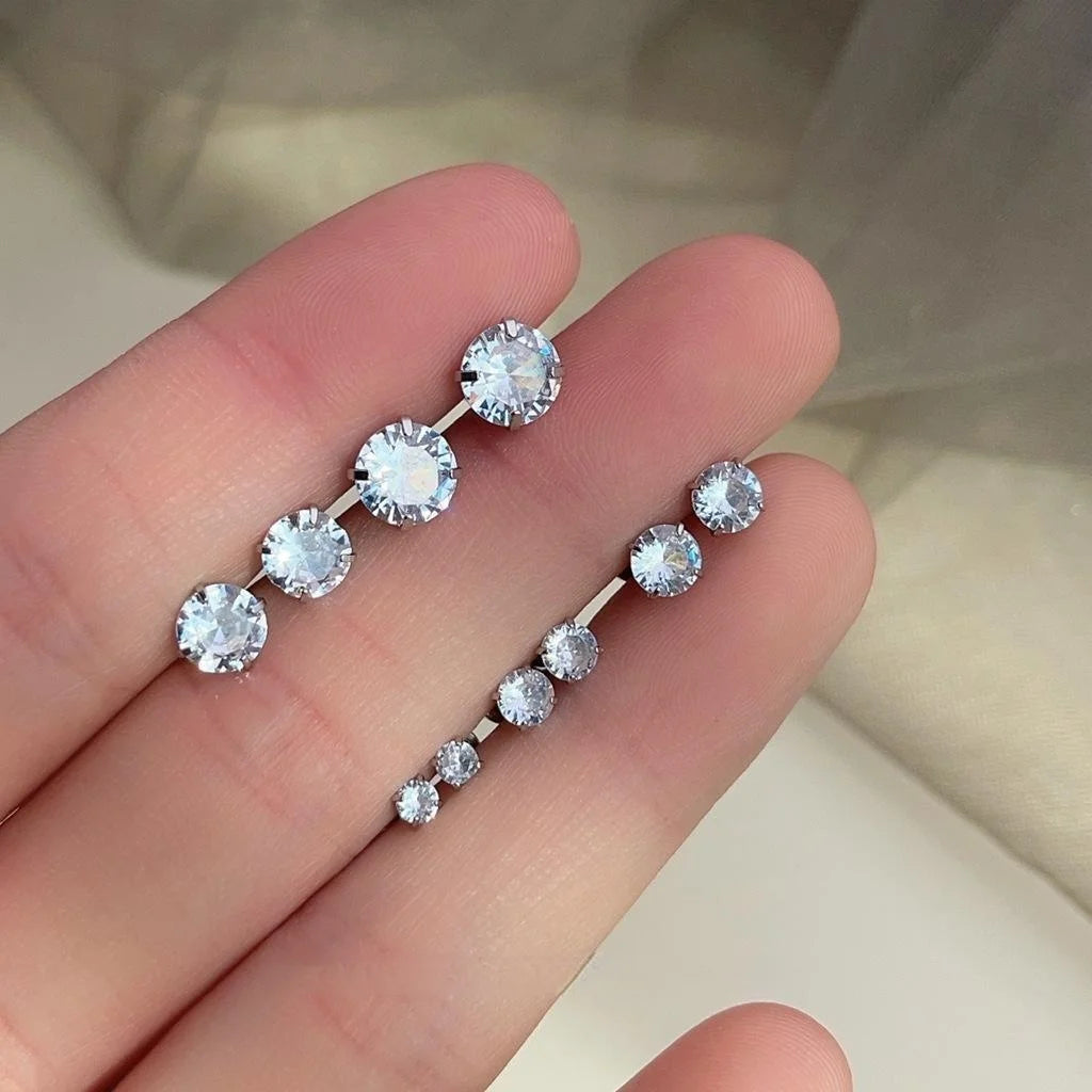 Stainless Steel Zircon Round Geometric Stud Earrings, Style Versatile Cartilage Ear Jewelry