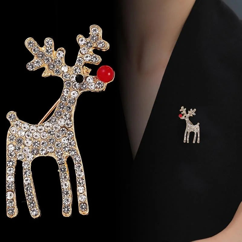 Cute Christmas Reindeer Rhinestone Alloy Brooch With Red Nose, Elegant Lapel Pin Corsage Gift