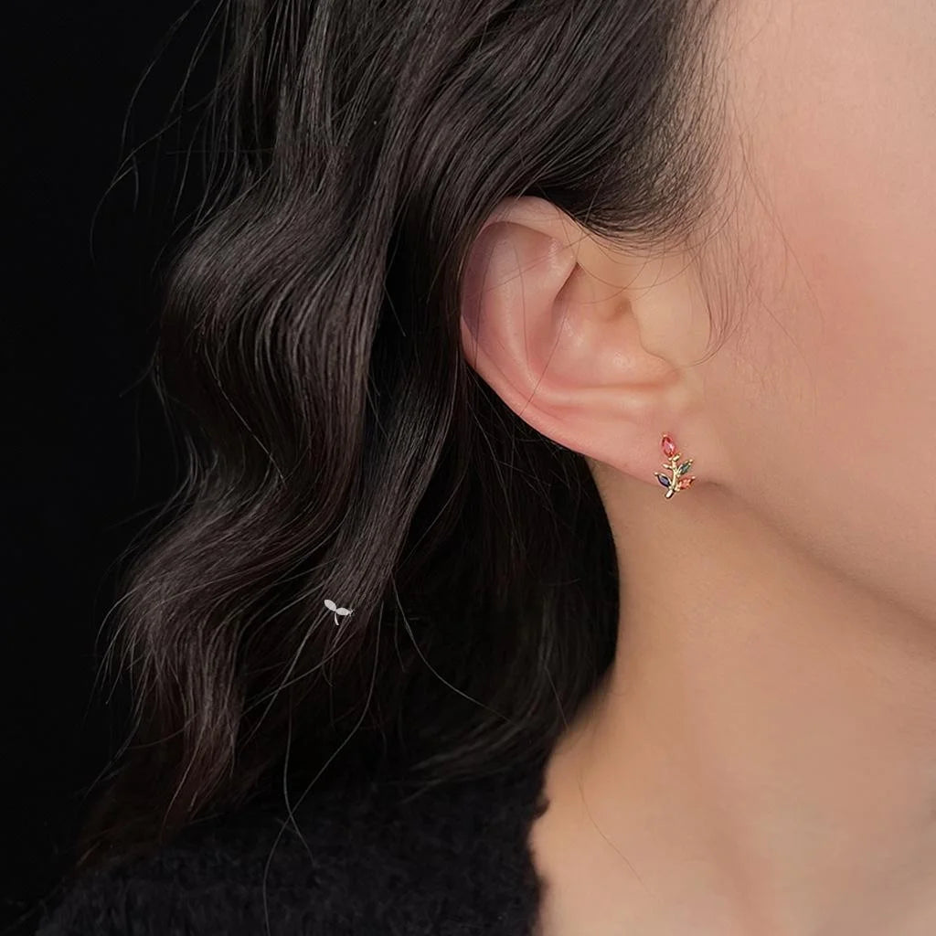 Mini 14K Gold Plated Micro Pave Colorful Zircon Leaf Stud Earrings Sweet Simple Style