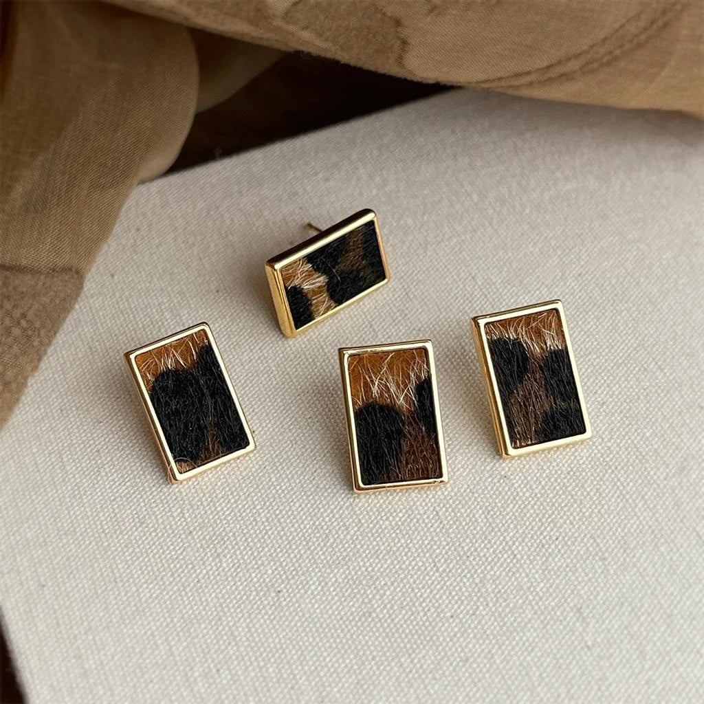 Maillard Leopard Print Flocked Geometric Rectangle Drop Earrings For Women