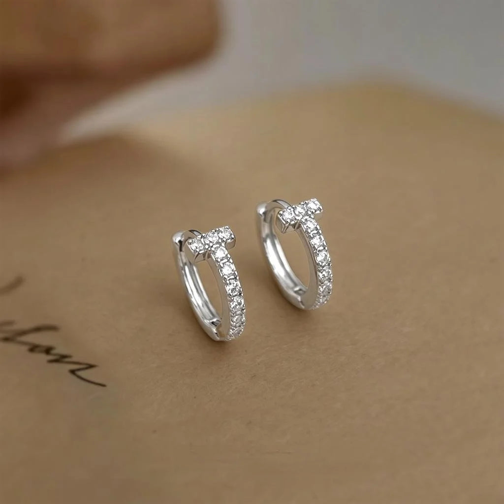 Minimalist T Shape Zircon Micro Pave Eco Copper Stud Earrings For Women Geometric Round Jewelry