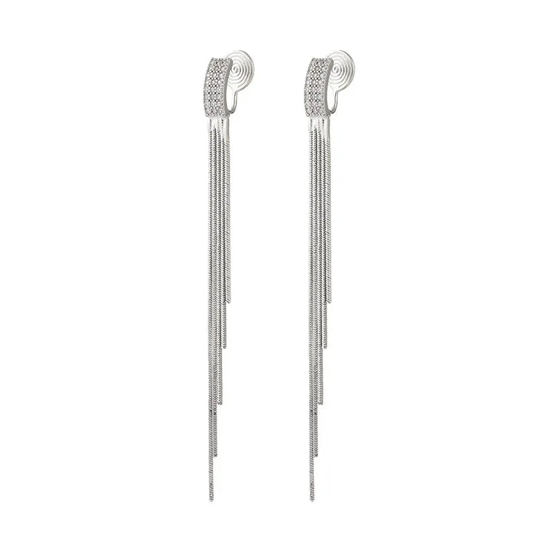 Elegant Rhinestone Spiral Disc Long Tassel Chain Stud & Clip On No Piercing Alloy Drop Earrings