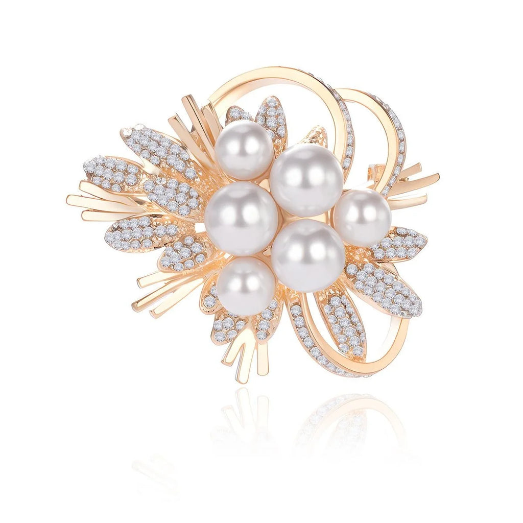 Elegant Pearl Rhinestone Flower Bouquet Brooch, Luxury Copper Alloy Lapel Pin Corsage For Suits Gift