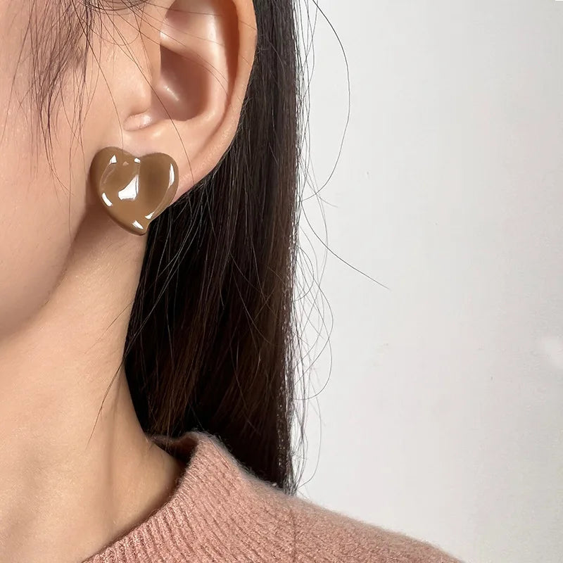 Elegant French Glossy Coffee Brown Enamel Heart Alloy Stud & Clip On No Piercing Statement Earrings