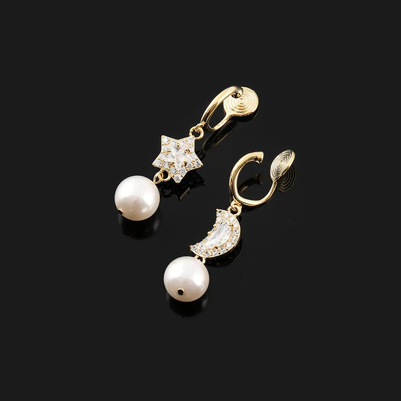 Elegant Luxury Gold Tone Alloy Asymmetric Star Moon Zircon Pearl Stud & Clip On No Piercing Dangle Earrings