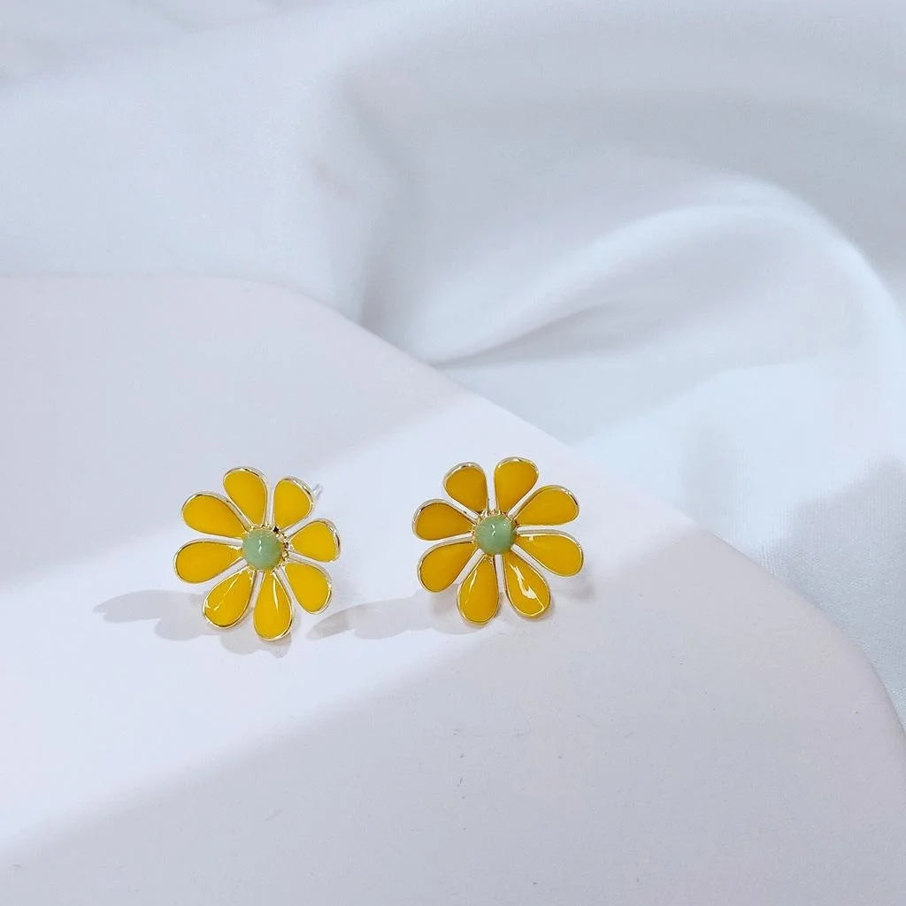 Korean Style 14K Gold Plated Alloy Daisy Enamel Stud Earrings