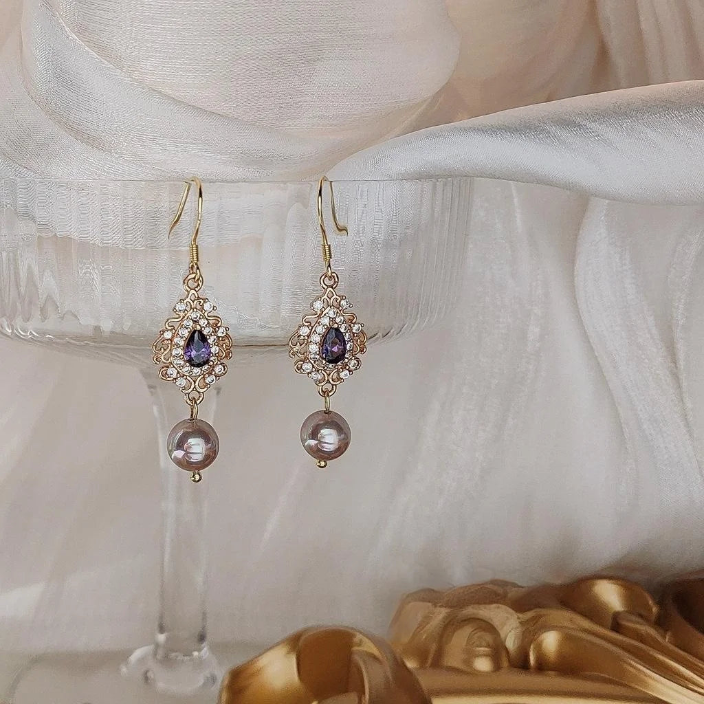 French Vintage Copper Drop Earrings With Micro Pave Zircon Teardrop Pearl And Silver Plated Pins