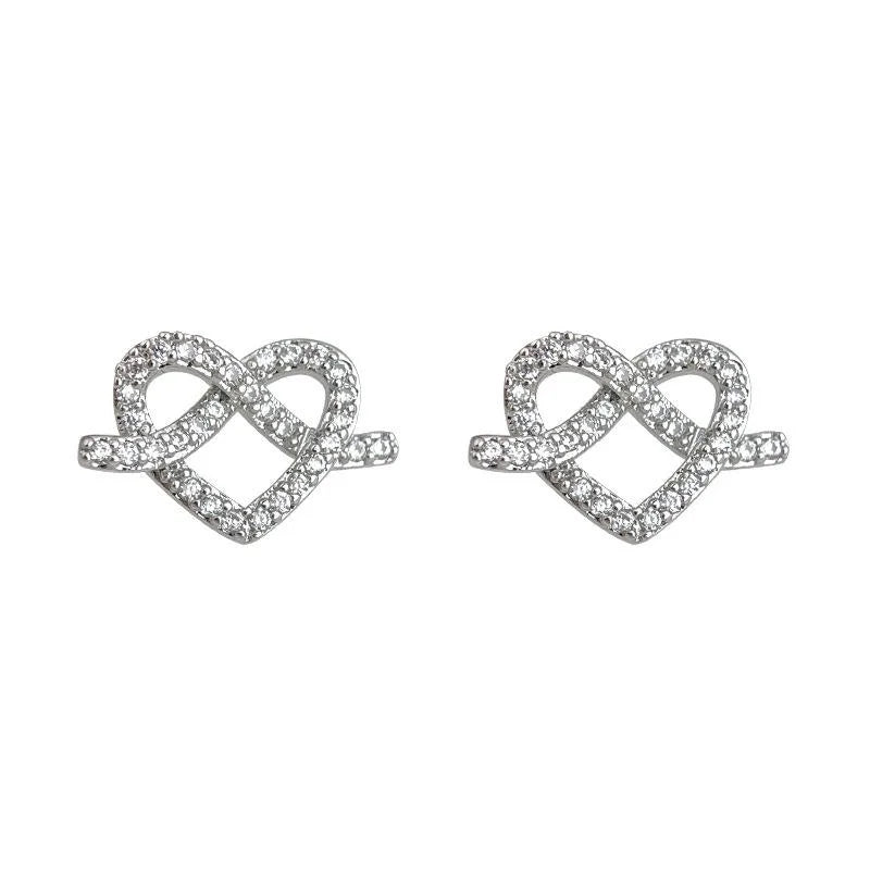 Sweet Cool Micro Pave Zircon Heart Knot Stud Earrings Copper Geometric Ring Design