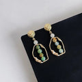 French Vintage Agate Beaded Irregular Hollow Hammered Metal Geometric Drop Earrings