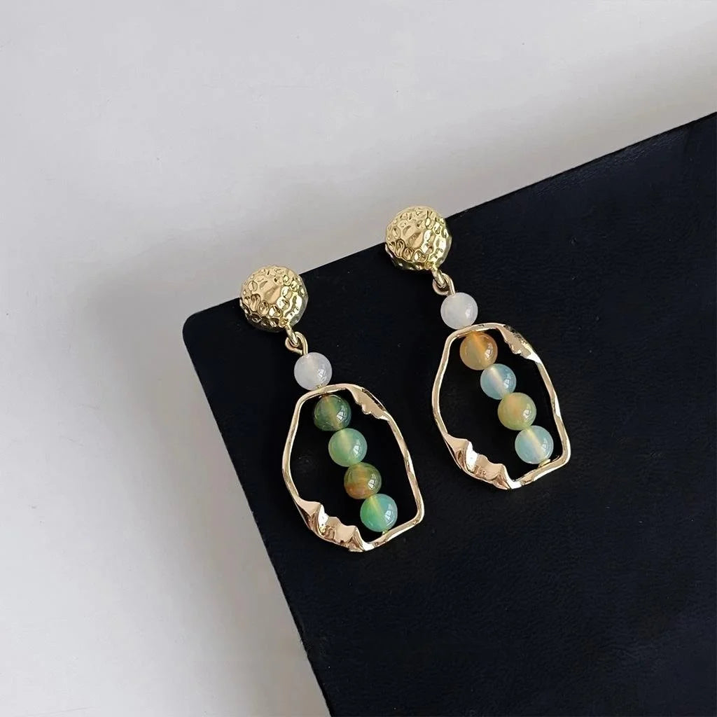 French Vintage Agate Beaded Irregular Hollow Hammered Metal Geometric Drop Earrings