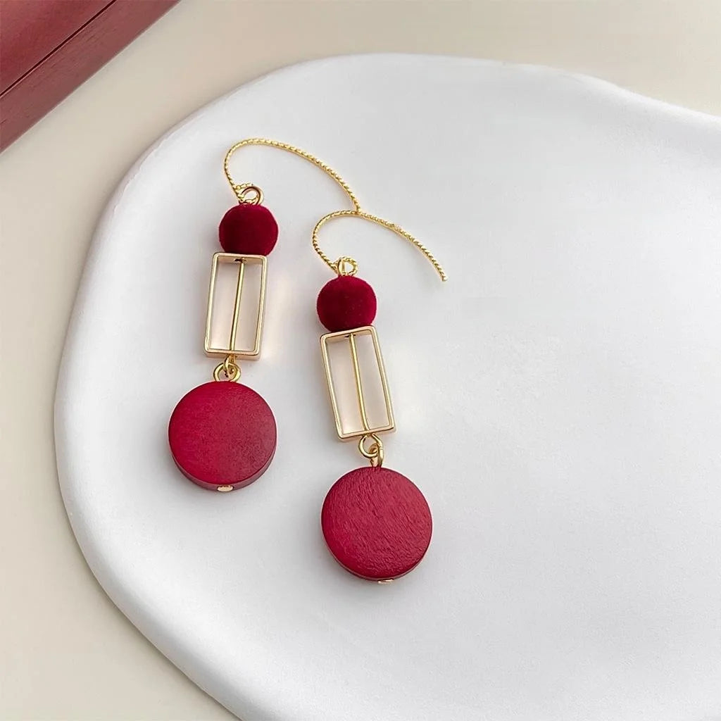 Original Designer Burgundy Flocked Lacquered Wood Geometric Tassel Drop Earrings With Copper Hooks