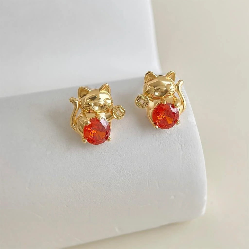 Style Zircon Inlaid Copper Fortune Cat Stud Earrings Posts