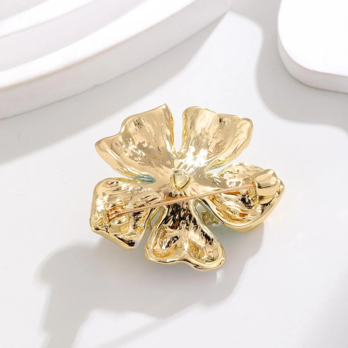 Elegant Gold Tone Flower Brooch With Mother Of Pearl Petals, Faux Pearl And Rhinestone Lapel Pin Gift