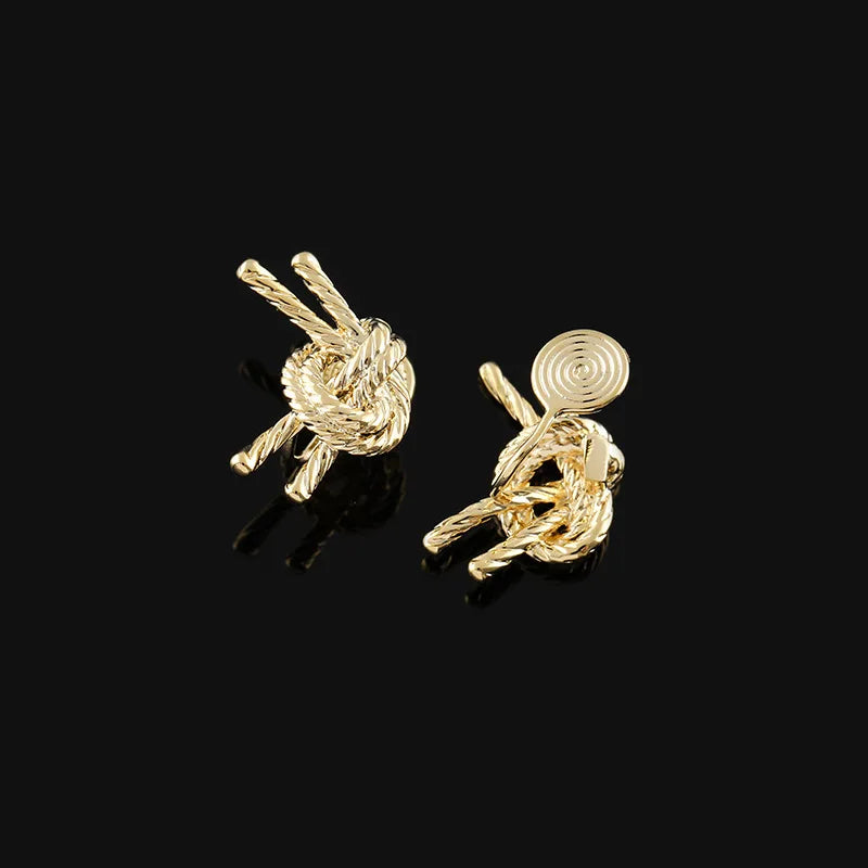 French Vintage Gold Alloy Twisted Rope Knot Stud & Clip On No Piercing Elegant Statement Earrings