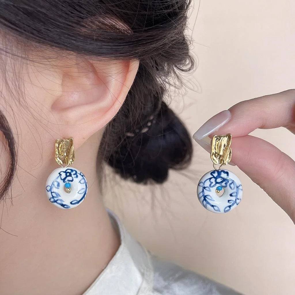 New Chinese Blue And White Porcelain Handmade Ceramic Copper Geometric Drop Earrings