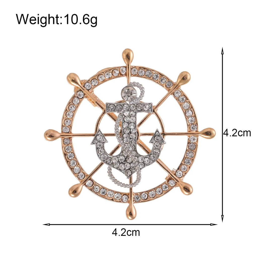 Luxury Rhinestone Alloy Ship Wheel Anchor Brooch, Nautical Lapel Pin Corsage Suit Accessory Gift