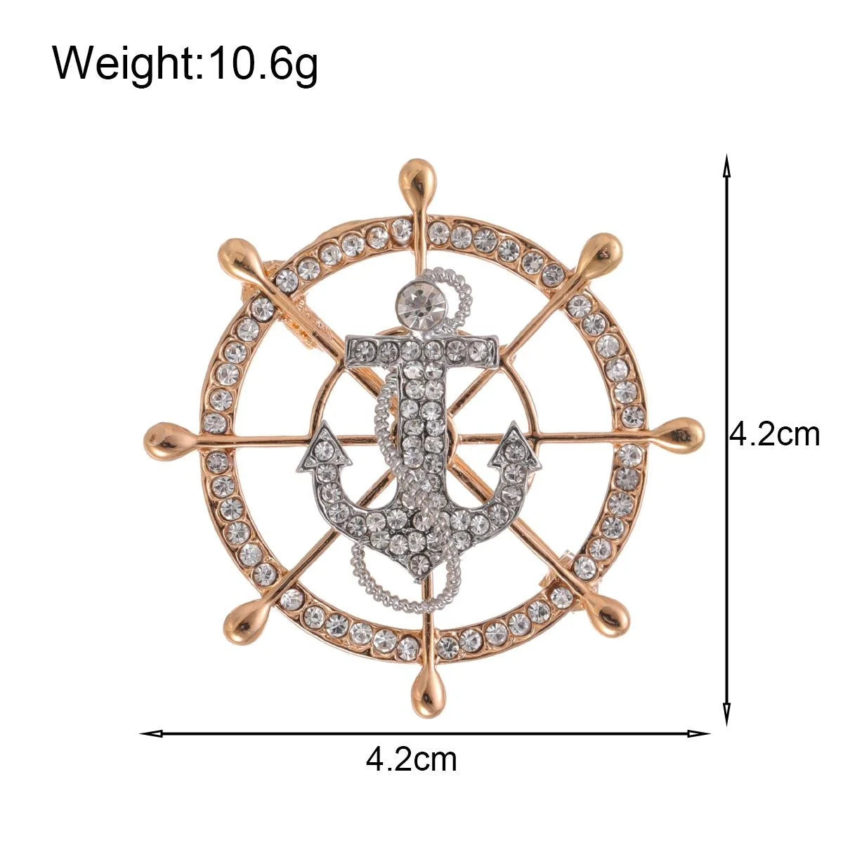 Luxury Rhinestone Alloy Ship Wheel Anchor Brooch, Nautical Lapel Pin Corsage Suit Accessory Gift
