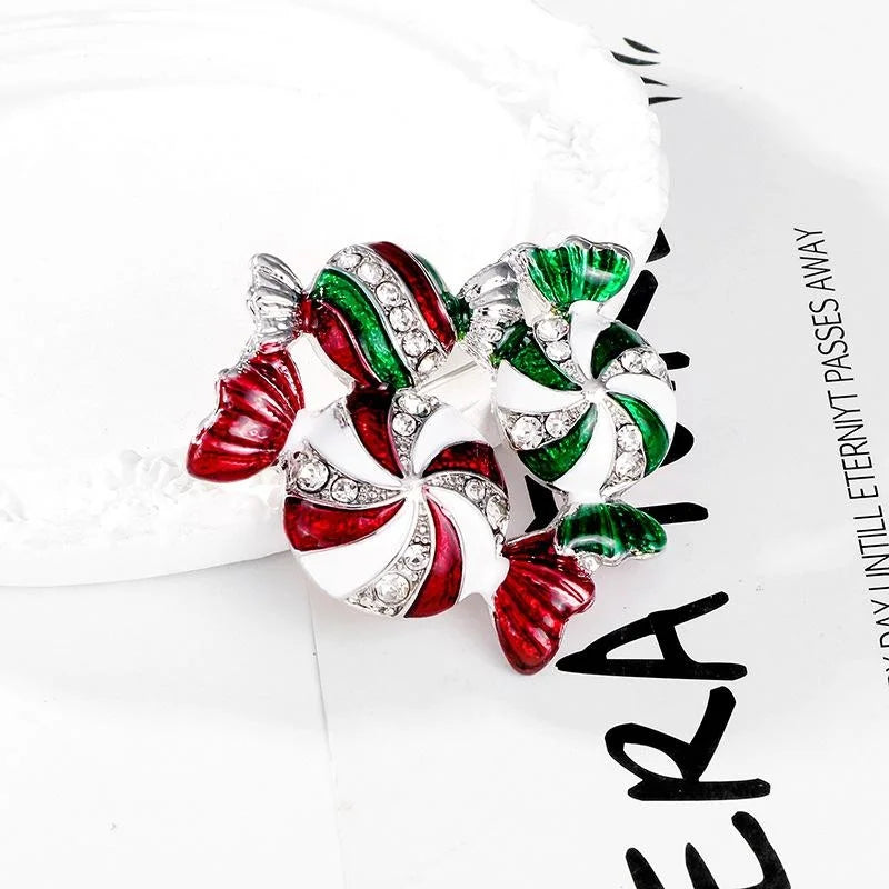 Cute Christmas Candy Brooch With Enamel Rhinestone Alloy, Red Green Peppermint Lapel Pin Corsage Gift