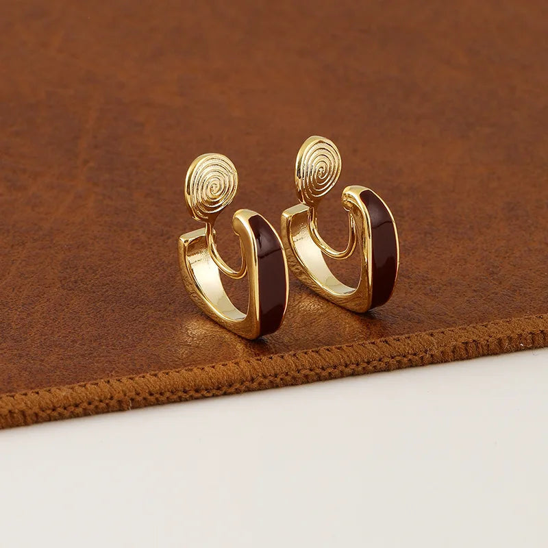 Vintage Red Enamel Square Hoop Alloy Stud & Clip On No Piercing Commuter Statement Earrings