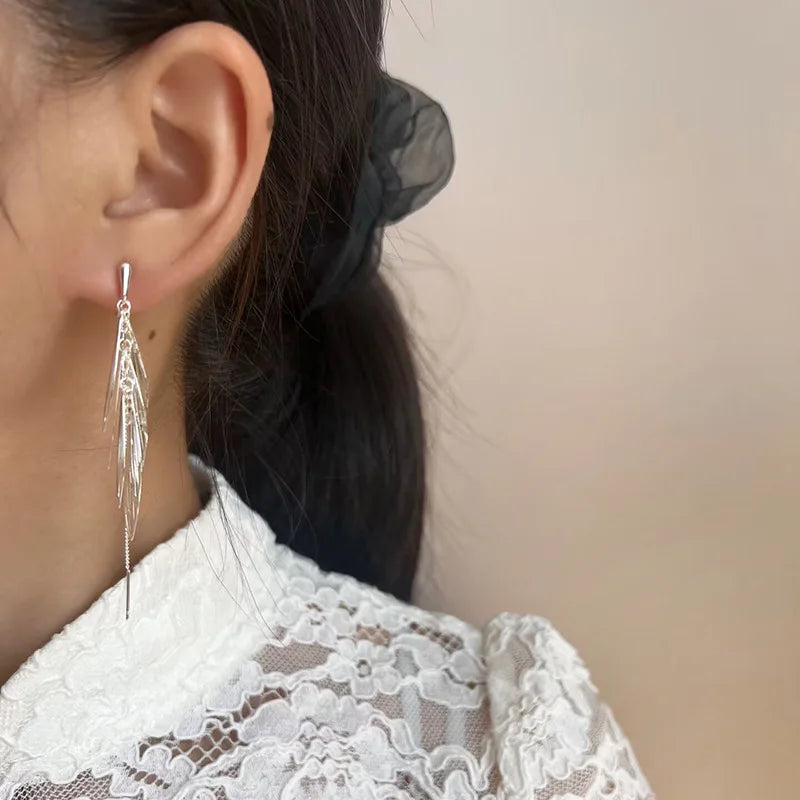 Elegant Silver Alloy Wing Feather Tassel Threader Stud & Clip On No Piercing Long Face Slimming Earrings
