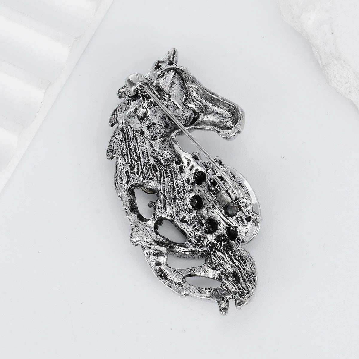 Vintage Horse Head Brooch With Blue Rhinestone And Antique Silver Alloy, Elegant Lapel Pin Suit Accessory