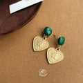 French Vintage Copper Heart Portrait Green Geometric Stud Earrings Light Luxury Jewelry