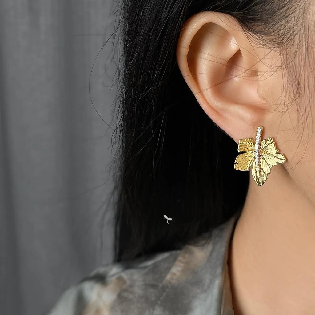 Original Design 18K Gold Plated Zircon Maple Leaf Drop Earrings