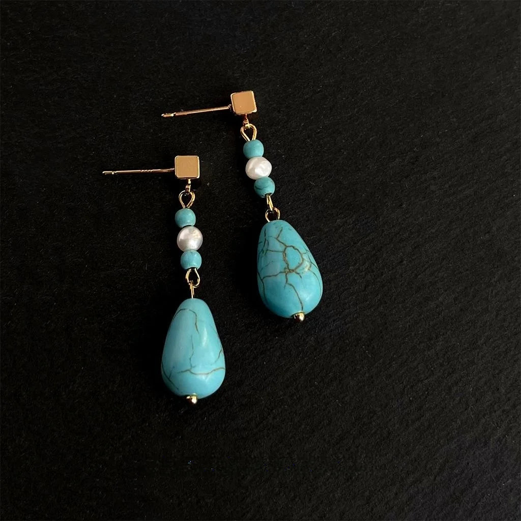 Vintage New Chinese Handmade Freshwater Pearl Synthetic Turquoise Teardrop Drop Earrings
