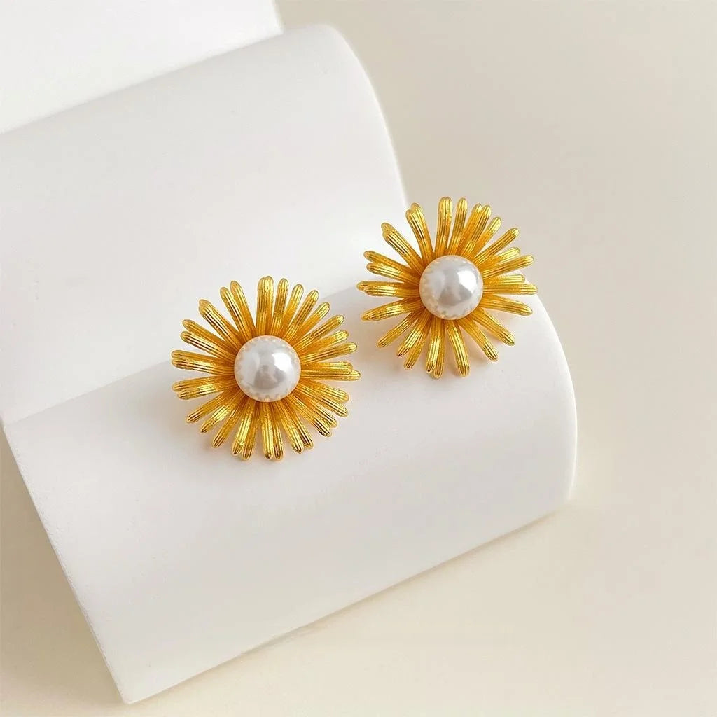 French Vintage 14K Plated Copper Sunflower Glass Pearl Drop Earrings For Women