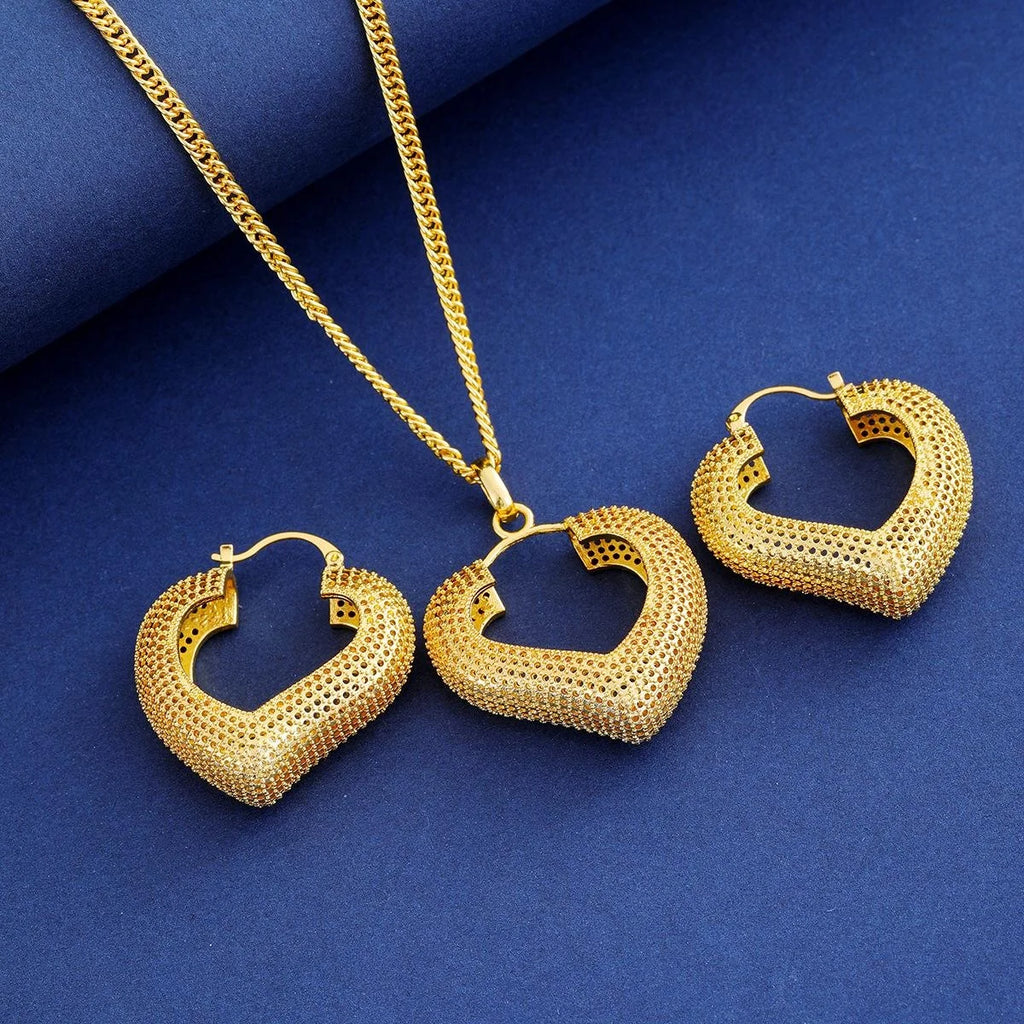 Luxury 24K Gold Plated Alloy Necklace And Hoop Earrings Jewelry Set, Hollow Geometric Bridal Jewelry For Wedding Gift