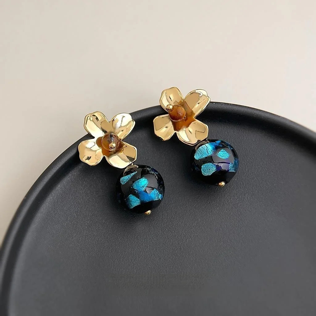 Original Design Vintage Floral Handmade Glass Tiger Eye Copper Drop Earrings