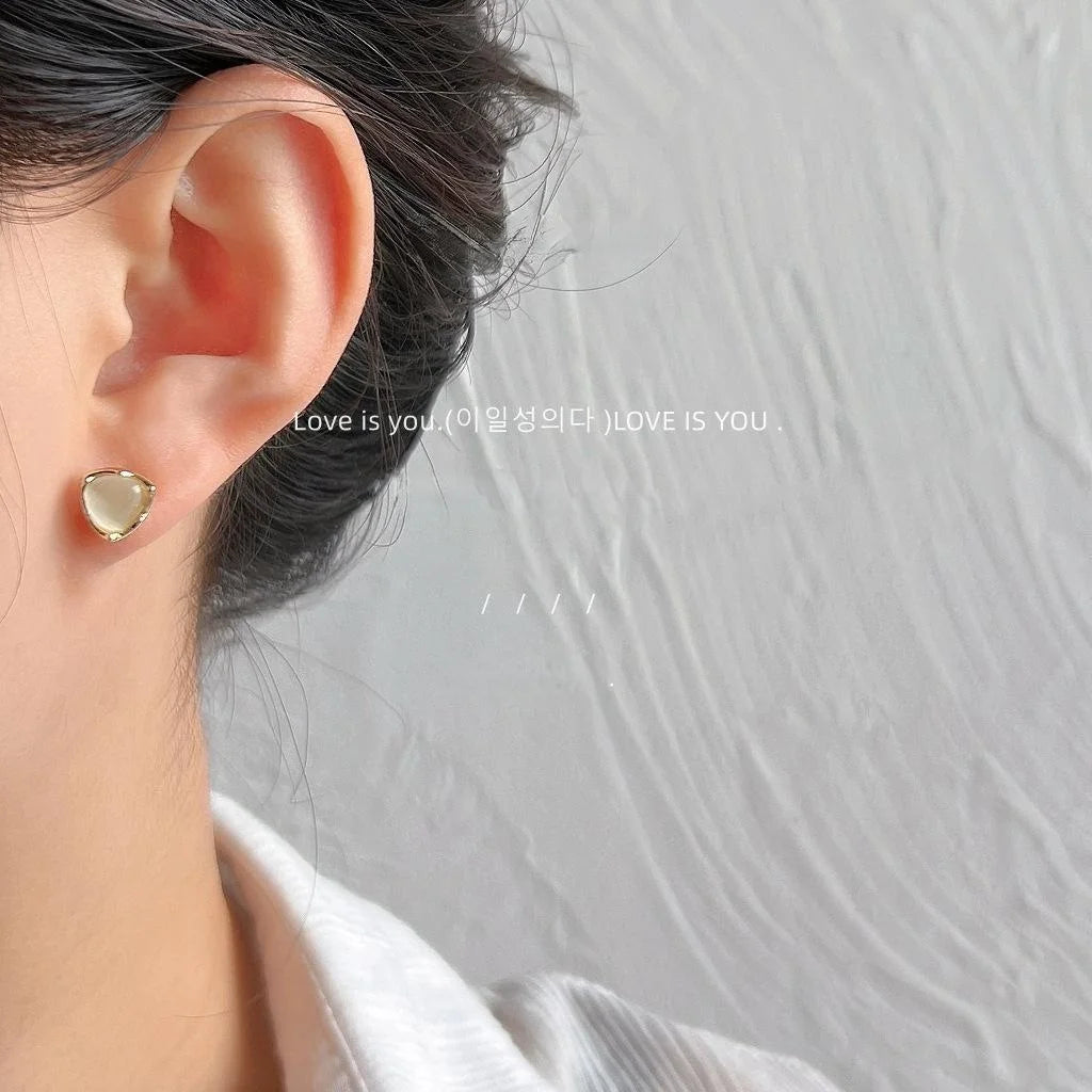 14K Gold Plated Copper Triangle Glass Cat Eye Stud Earrings With Silver Plated Posts