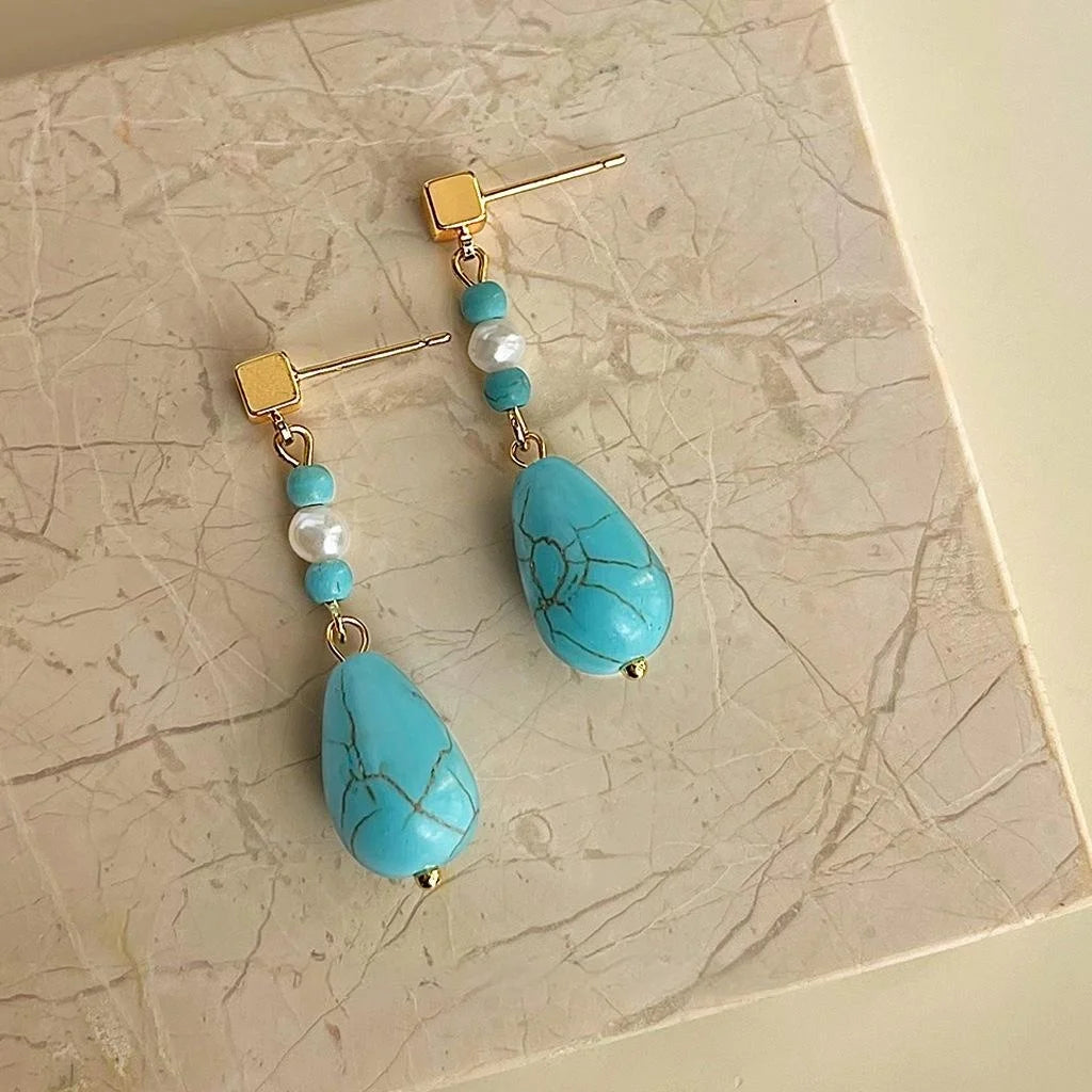 Vintage New Chinese Handmade Freshwater Pearl Synthetic Turquoise Teardrop Drop Earrings