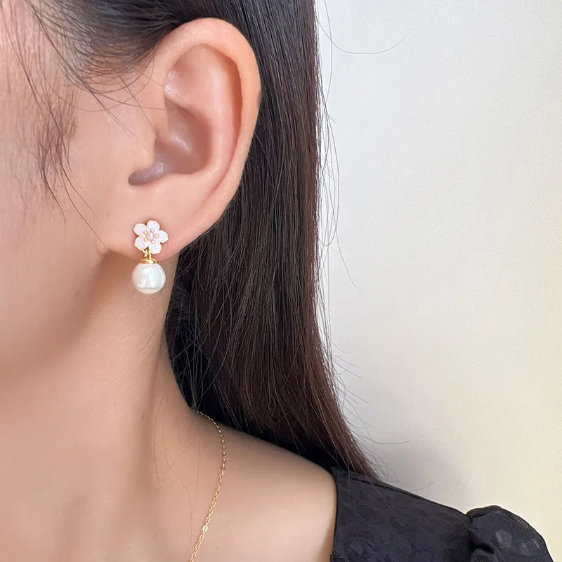 Elegant Pink Enamel Sakura Flower Pearl Drop Gold Alloy Stud & Clip On No Piercing Earrings
