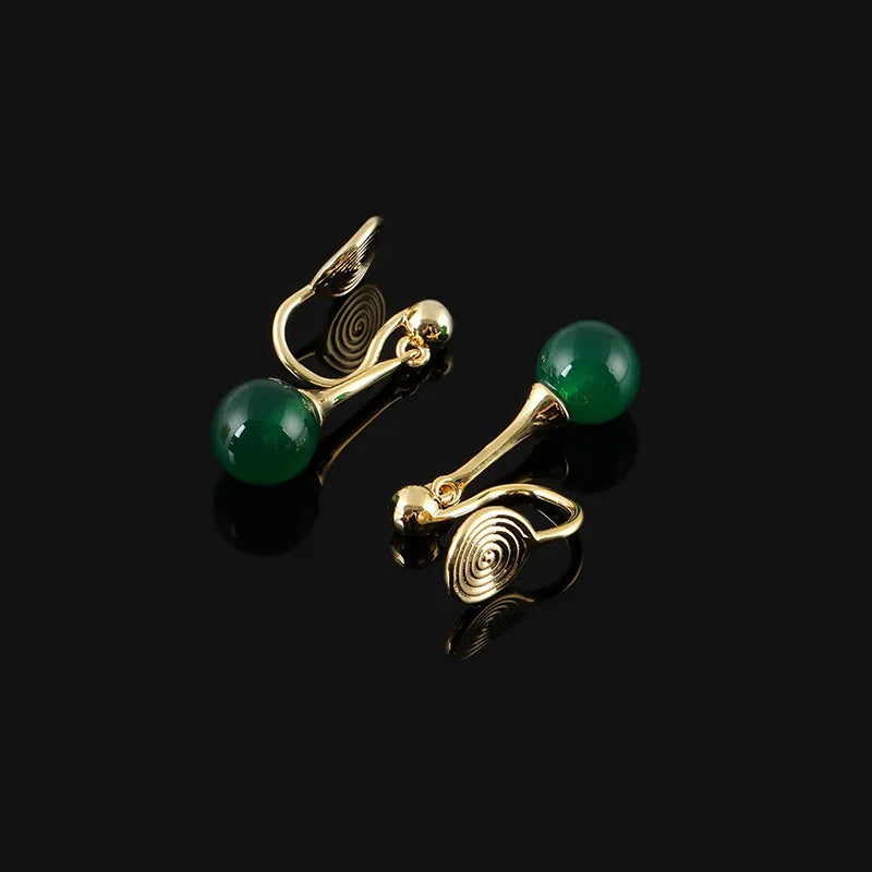 Vintage Green Agate Bead Spiral Disc Alloy Stud & Clip On No Piercing Chinese Style Drop Earrings