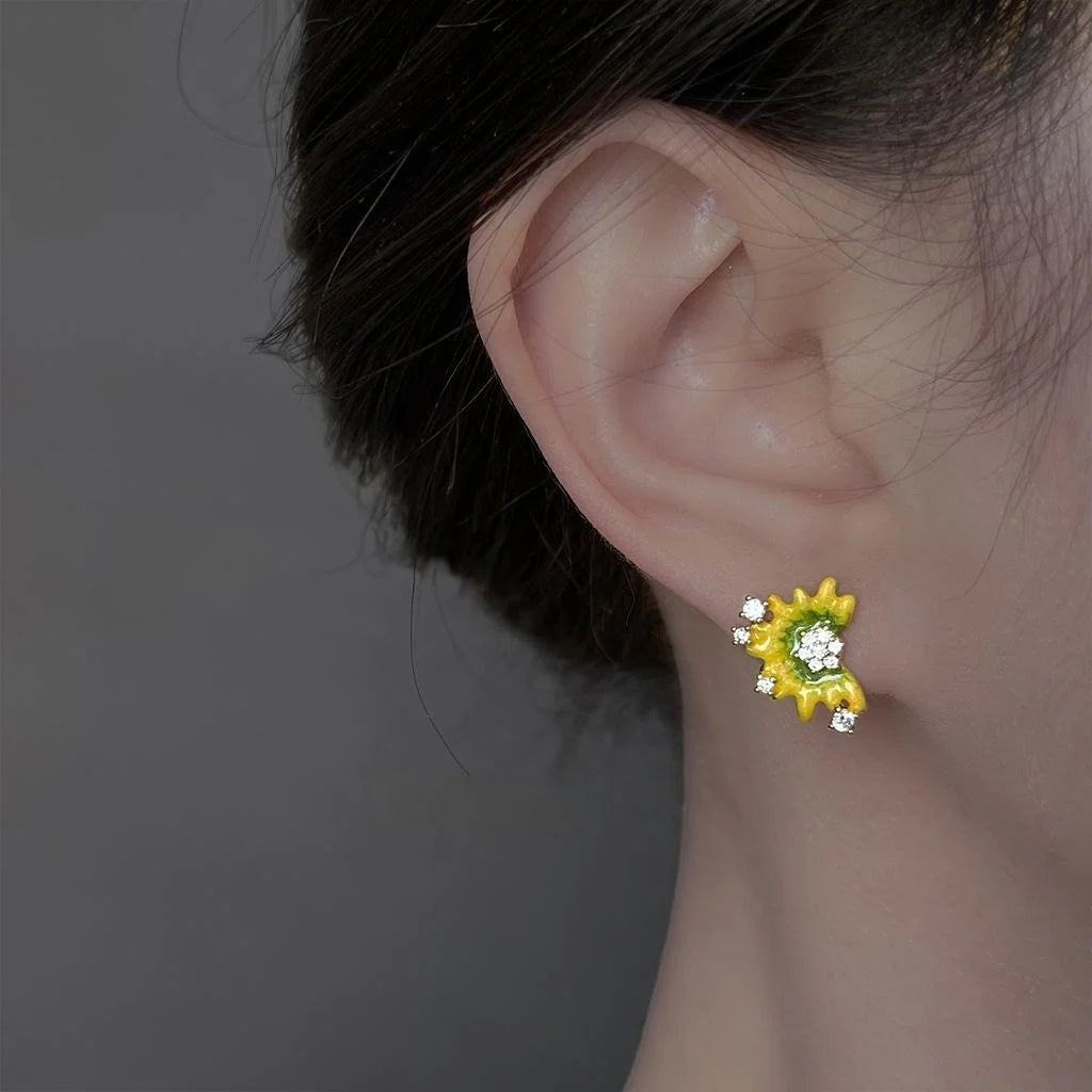 Hand Painted Sunflower Stud Earrings Micro Pave Zircon Copper Fashion Jewelry